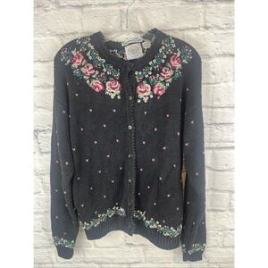 Cape Isle Knitters VTG Grandma Cottagecore Floral Hand Embroidered Cardigan M
